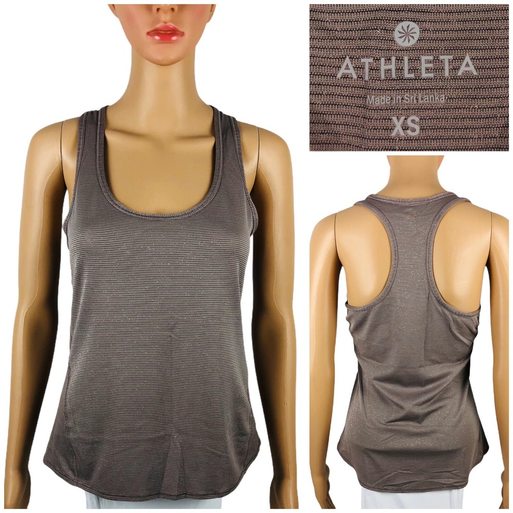 Athleta Womens XS Striped Chi Tank Top Tan Racerback 243090 Glitter Metallic EUC